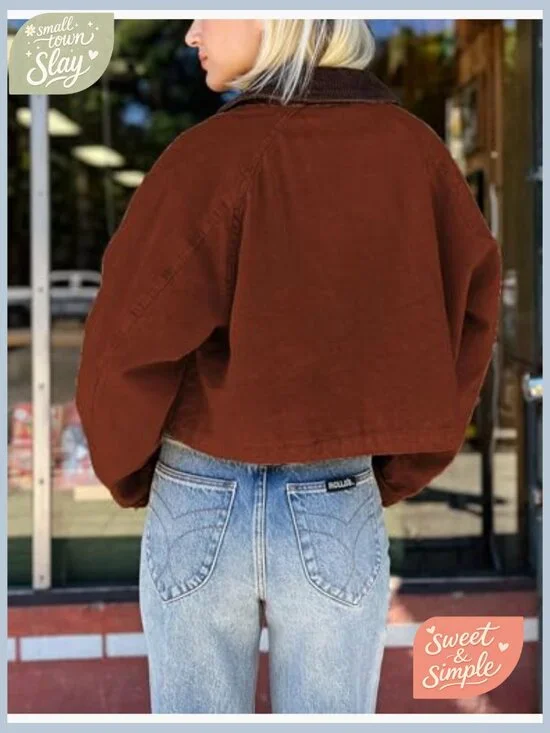 Women's Cropped Corduroy Collar Barn Jacket Button Down Long Sleeve - Picture 5 of 7